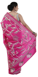 Pink Pure Silk Kantha Saree with Floral Embroidery-Kantha saree-parinitasarees
