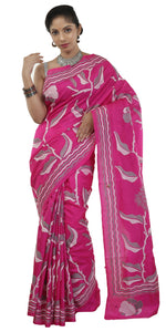 Pink Pure Silk Kantha Saree with Floral Embroidery-Kantha saree-parinitasarees