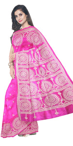 Pink Pure Silk Kantha Saree with Kutch Design-Kantha saree-parinitasarees
