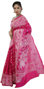 Pink Pure Silk Kantha Saree with Village Theme-Kantha saree-parinitasarees