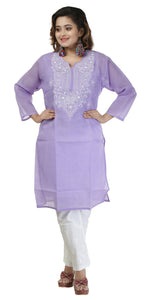 Purple Cotton Chikankari Kurti with Paisley Motifs-Women's Chikankari Kurti-parinitasarees