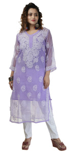 Purple Georgette Chikankari Kurti with Floral Motifs-Women's Chikankari Kurti-parinitasarees