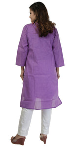 Purple Handspun Cotton Chikankari Kurti with Floral Motifs-Women's Chikankari Kurti-parinitasarees