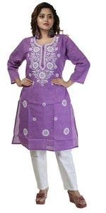 Purple Handspun Cotton Chikankari Kurti with Floral Motifs-Women's Chikankari Kurti-parinitasarees
