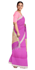 Purple Handspun Cotton Saree with Tussar Border-Handspun Cotton-parinitasarees