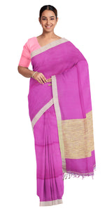 Purple Handspun Cotton Saree with Tussar Border-Handspun Cotton-parinitasarees