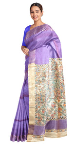 Purple Madhubani Painted Bapta Tussar Silk Saree-Tussar Saree-parinitasarees