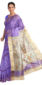 Purple Madhubani Painted Bapta Tussar Silk Saree-Tussar Saree-parinitasarees