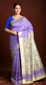 Purple Madhubani Painted Bapta Tussar Silk Saree-Tussar Saree-parinitasarees