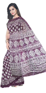 Purple Mul Cotton Saree with Floral Block Prints-Mul Cotton-parinitasarees