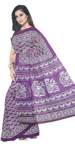 Purple Mul Cotton Saree with Floral Block Prints-Mul Cotton-parinitasarees