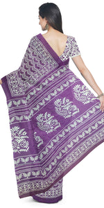 Purple Mul Cotton Saree with Floral Block Prints-Mul Cotton-parinitasarees