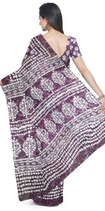 Purple Mul Cotton Saree with Floral Block Prints-Mul Cotton-parinitasarees