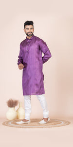 Purple Pure Kosa Silk Men's Kurta with Silk Mark-Men's Kurtas-parinitasarees