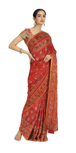 Red Chanderi Saree with Ajrakh Block Prints-Chanderi Sarees-parinitasarees