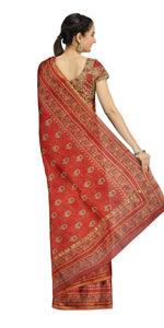 Red Chanderi Saree with Ajrakh Block Prints-Chanderi Sarees-parinitasarees