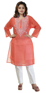 Red Cotton Chikankari Kurti with Paisley Motifs-Women's Chikankari Kurti-parinitasarees