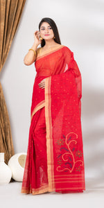 Red Cotton Jamdani with Floral Motifs-Jamdani saree-parinitasarees