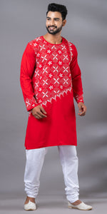 Red Cotton Panjabi with Floral Kantha Embroidery-Men's Kurtas-parinitasarees