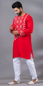 Red Cotton Panjabi with Floral Kantha Embroidery-Men's Kurtas-parinitasarees