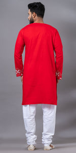 Red Cotton Panjabi with Floral Kantha Embroidery-Men's Kurtas-parinitasarees