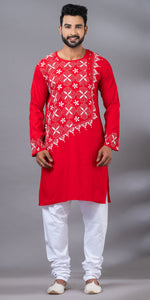 Red Cotton Panjabi with Floral Kantha Embroidery-Men's Kurtas-parinitasarees