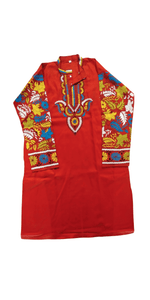 Red Cotton Panjabi with Floral Kantha Embroidery- XL-Men's Kurtas-parinitasarees