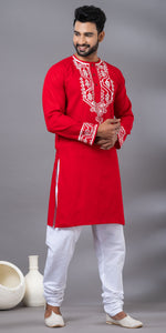 Red Hand Painted Men's Cotton Kurta-Men's Kurtas-parinitasarees