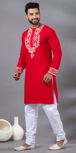 Red Hand Painted Men's Cotton Kurta-Men's Kurtas-parinitasarees