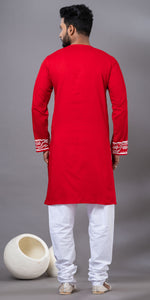 Red Hand Painted Men's Cotton Kurta-Men's Kurtas-parinitasarees