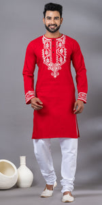 Red Hand Painted Men's Cotton Kurta-Men's Kurtas-parinitasarees