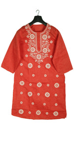 Red Handspun Cotton Chikankari Kurti with Floral Motifs-Women's Chikankari Kurti-parinitasarees