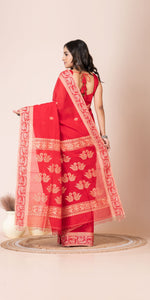 Red Handspun Cotton Saree with Jamdani Weaves-Handspun Cotton-parinitasarees