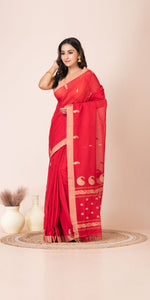 Red Handspun Cotton Saree with Tussar Border-Handspun Cotton-parinitasarees