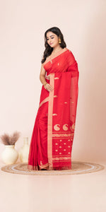 Red Handspun Cotton Saree with Tussar Border-Handspun Cotton-parinitasarees