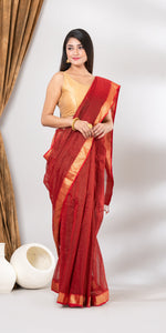 Red Maheshwari Saree with Checkered Zari Pattern-Maheshwari Saree-parinitasarees