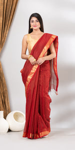 Red Maheshwari Saree with Checkered Zari Pattern-Maheshwari Saree-parinitasarees