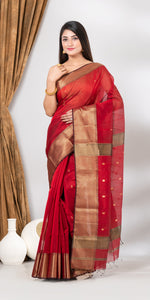 Red Maheshwari Saree with Floral Motifs-Maheshwari Saree-parinitasarees