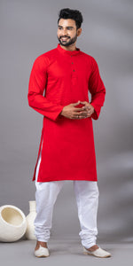 Red Plain Cotton Men's Kurta-Men's Kurtas-parinitasarees