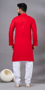 Red Plain Cotton Men's Kurta-Men's Kurtas-parinitasarees