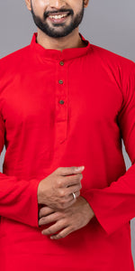 Red Plain Cotton Men's Kurta-Men's Kurtas-parinitasarees