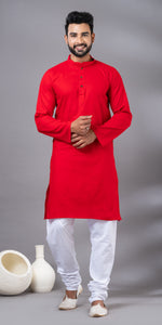 Red Plain Cotton Men's Kurta-Men's Kurtas-parinitasarees