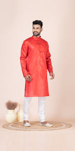 Red Pure Kosa Silk Men's Kurta with Silk Mark-Men's Kurtas-parinitasarees