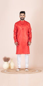 Red Pure Kosa Silk Men's Kurta with Silk Mark-Men's Kurtas-parinitasarees