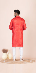 Red Pure Kosa Silk Men's Kurta with Silk Mark-Men's Kurtas-parinitasarees