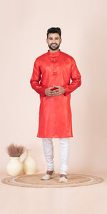 Red Pure Kosa Silk Men's Kurta with Silk Mark-Men's Kurtas-parinitasarees
