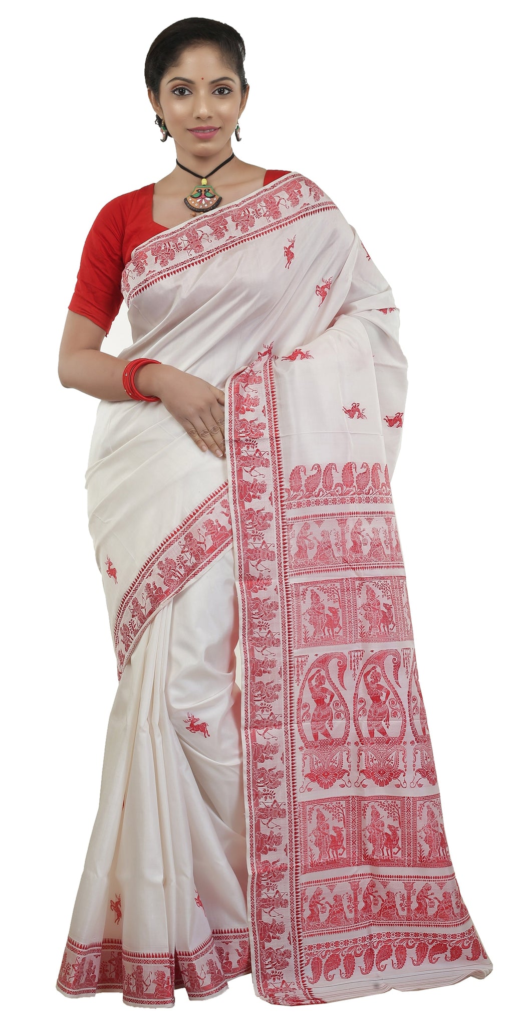 Red-White Baluchari Silk Saree with Grand Pallav – Parinita Sarees and ...