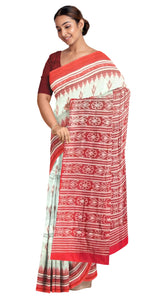 Red & White Mul Cotton Saree with Floral Block Prints-Mul Cotton-parinitasarees
