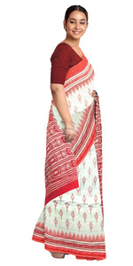 Red & White Mul Cotton Saree with Floral Block Prints-Mul Cotton-parinitasarees