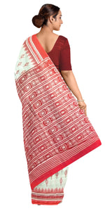 Red & White Mul Cotton Saree with Floral Block Prints-Mul Cotton-parinitasarees